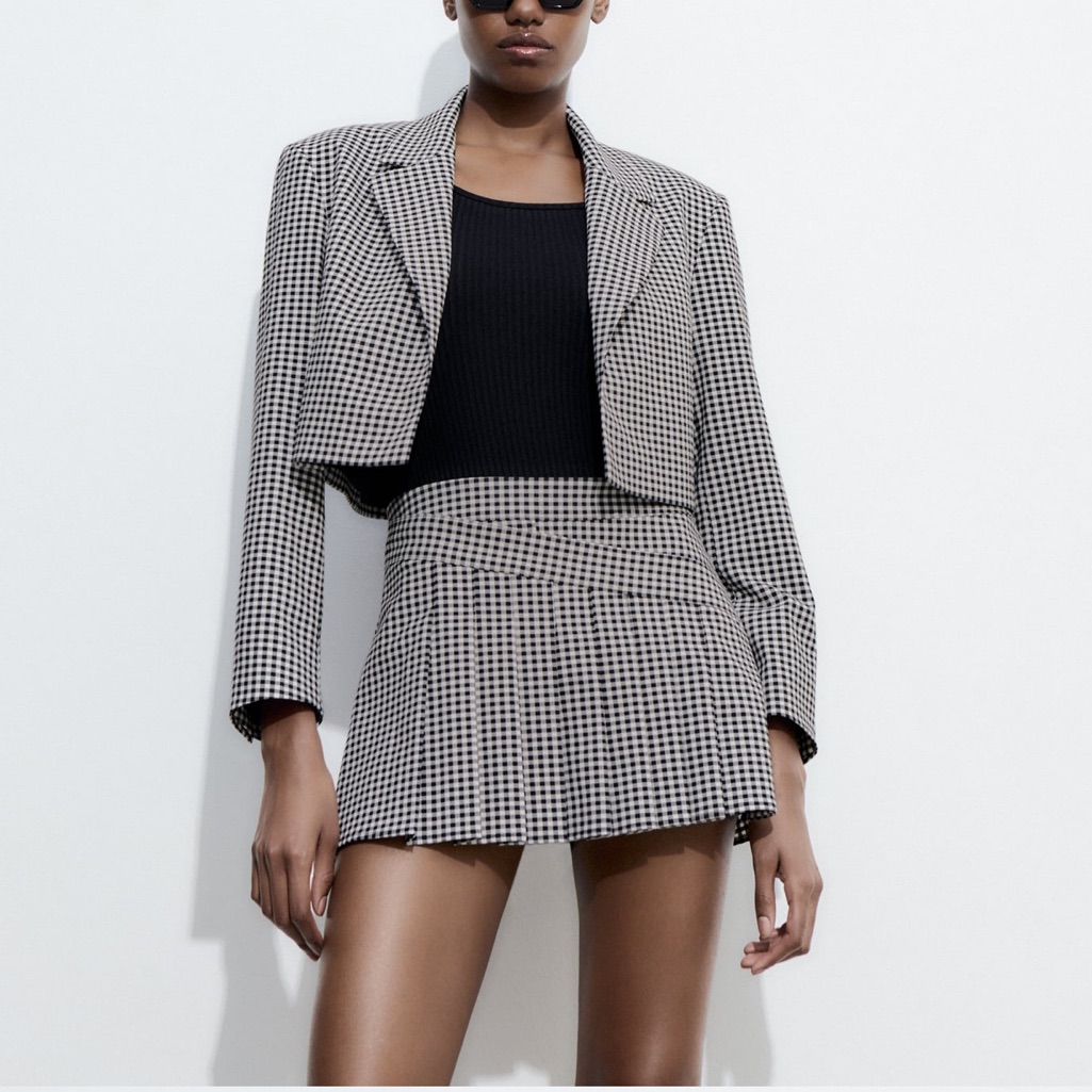 Zara 2 Pieces Matching Set Gingham Crop Blazer And Gingham Box Pleat Skort